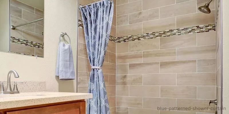 blue patterned shower curtain