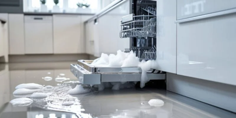 an open dishwasher in a kitchen with water on the floor