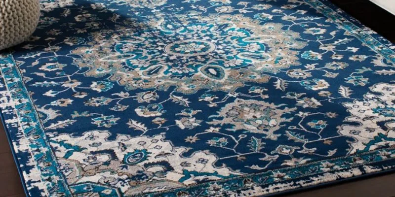 Floral patterned dark blue area rug for stylish home interior