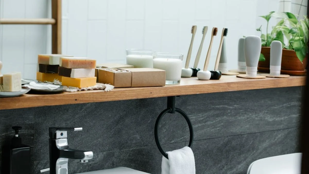 Bathroom Shelf Decor Ideas featuring a wooden shelf styled with candles, plants, soap bars, and modern bathroom accessories.