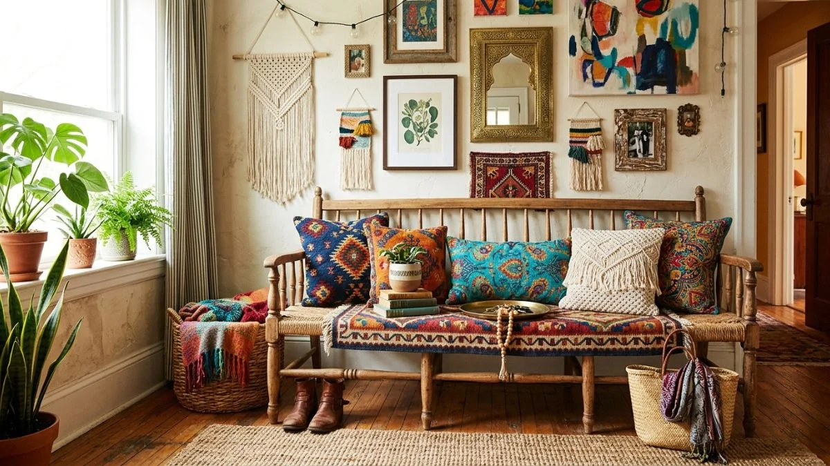 bohemian entryway bench with patterned pillows and macrame wall decor