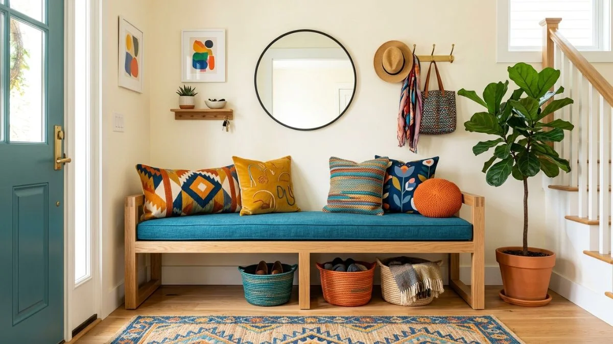 modern entryway bench ideas with colorful pillows and storage baskets