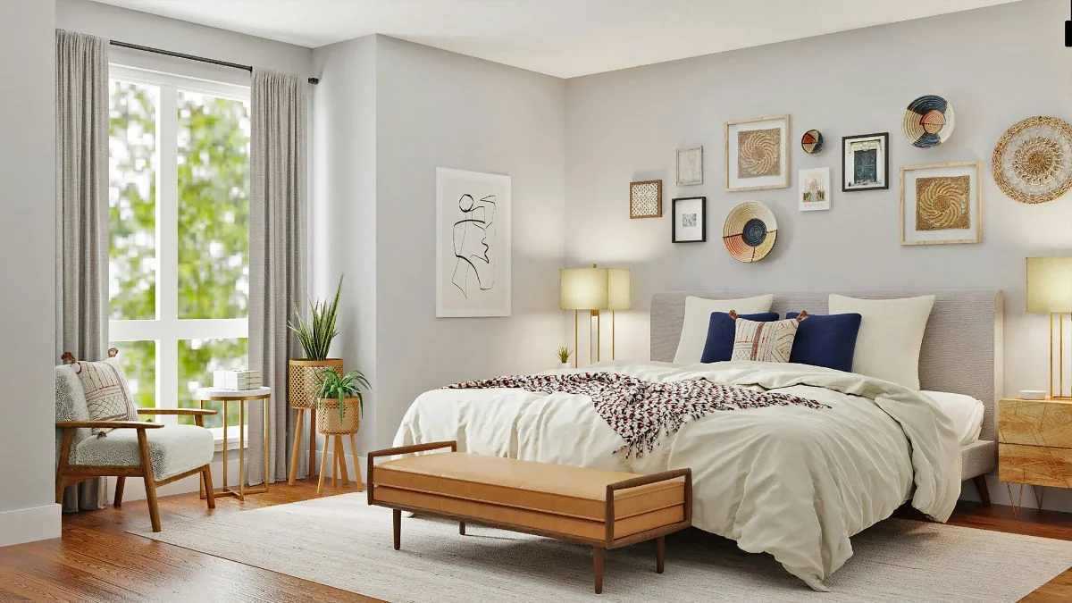 Warm task lighting from a corner lamp in a cozy bedroom with gallery wall