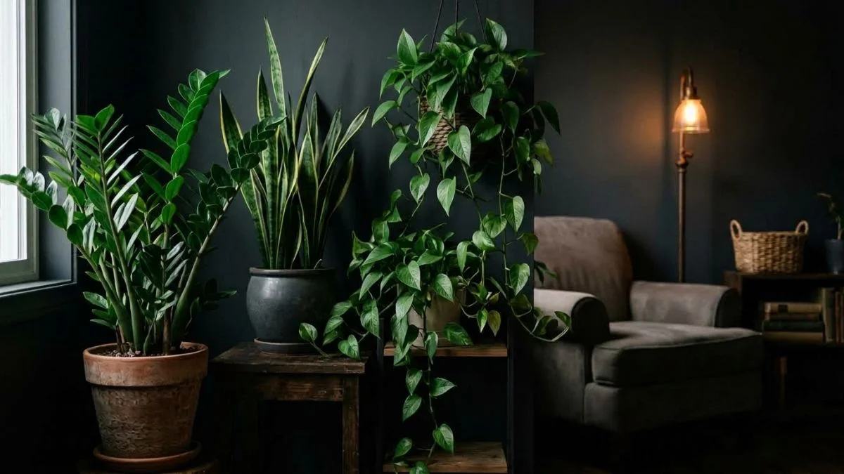 Best indoor plants for dark corners: ZZ plant, snake plant, and pothos with warm lamp lighting