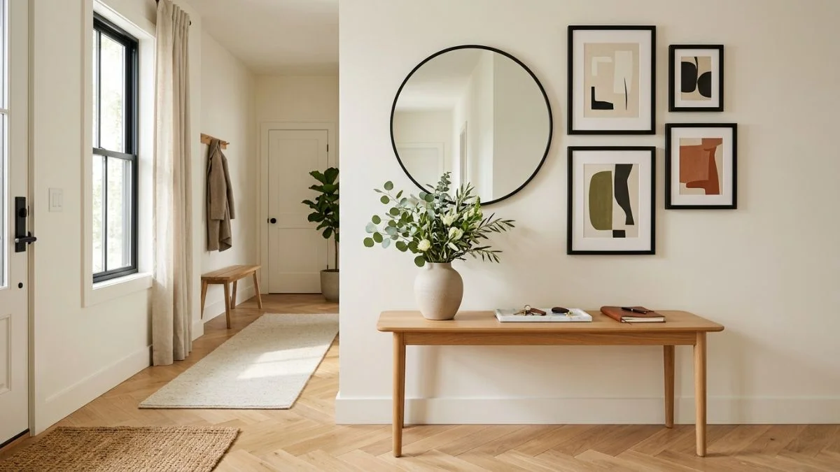 Entryway wall decor ideas with round mirror and abstract gallery wall above wooden console table