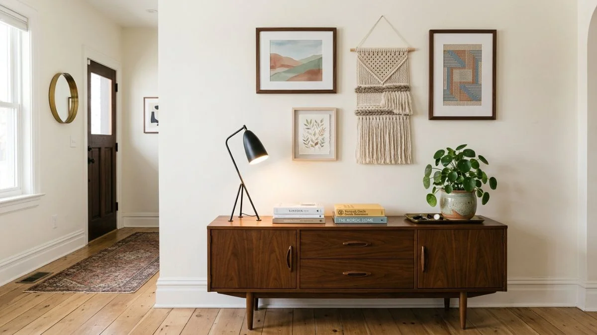 Woven macrame wall hanging with gallery frames above mid-century console table in entryway