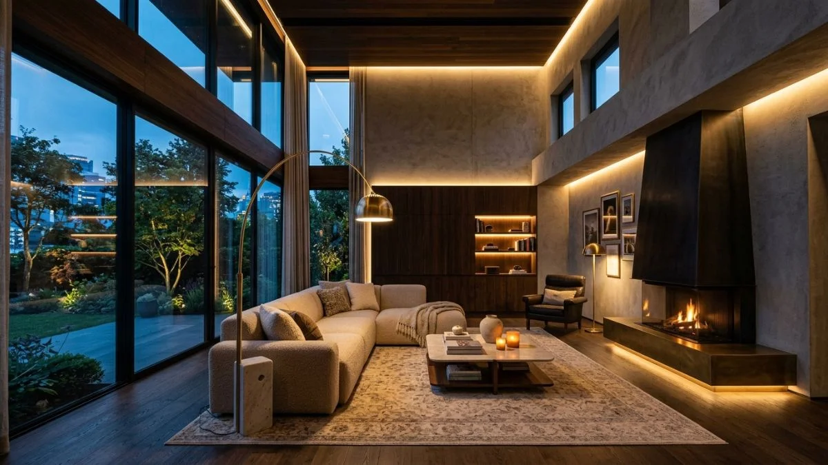 Modern living room with LED accent lighting and warm ambient glow at night