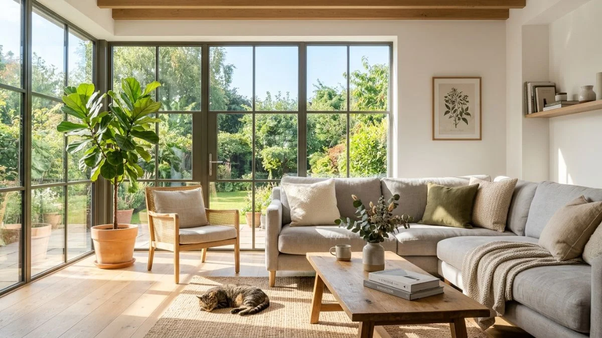 Living room with large windows for natural daylight and layered lighting