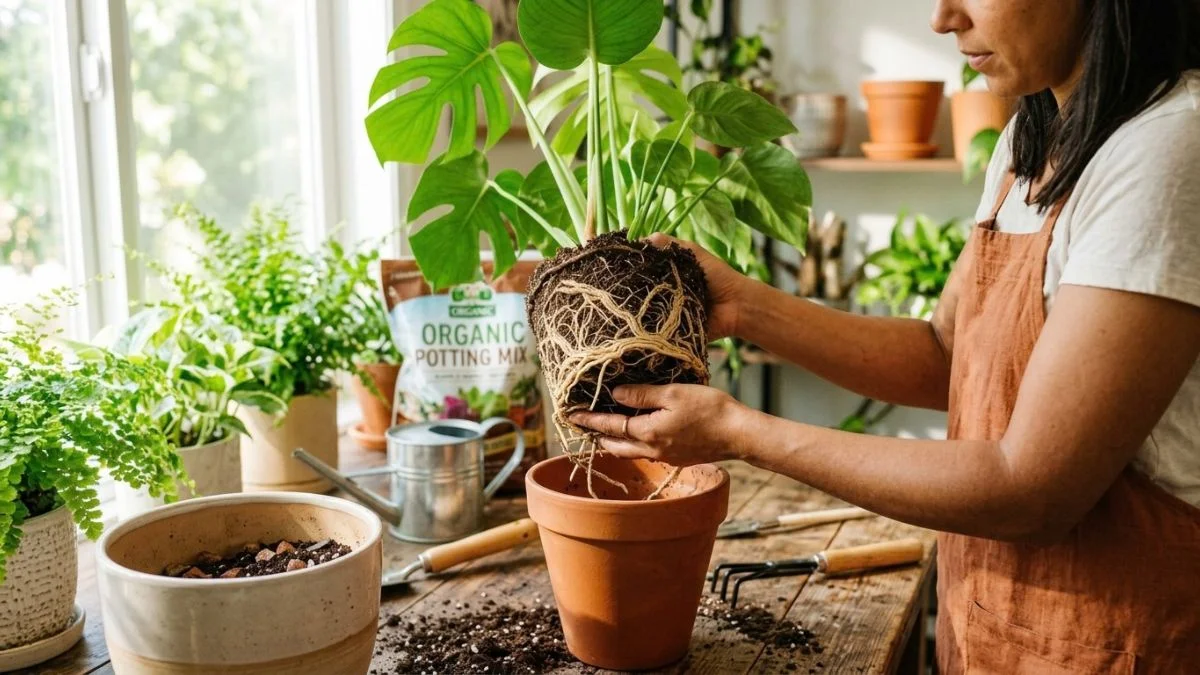 Repotting indoor plant into terracotta pot with fresh potting mix
